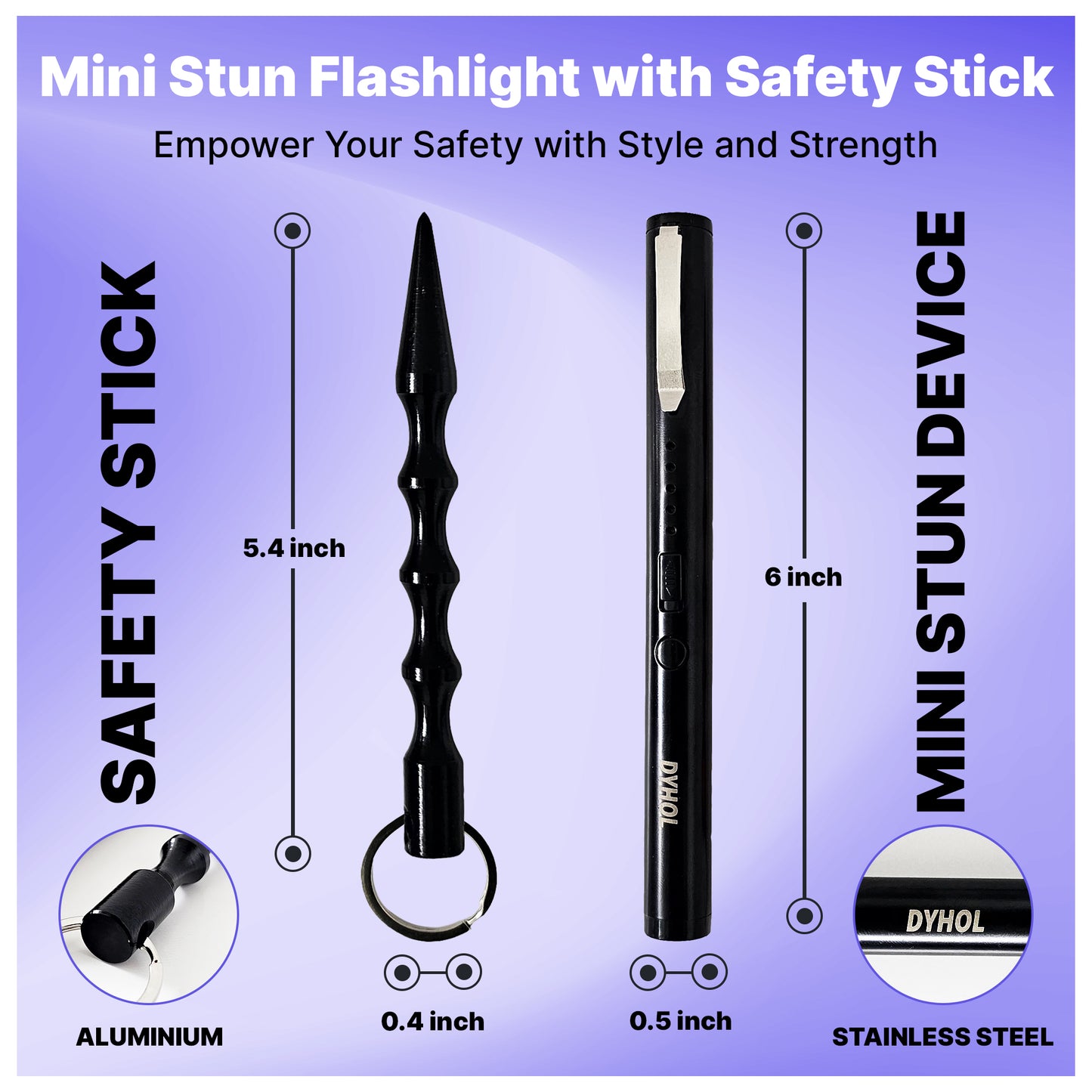 DYHOL Mini Stun Flashlight & Aluminum Safety Stick Combo – USB Rechargeable Stun Device with Battery Indicator, Compact Emergency Glass Breaker & Everyday Personal Safety Accessory