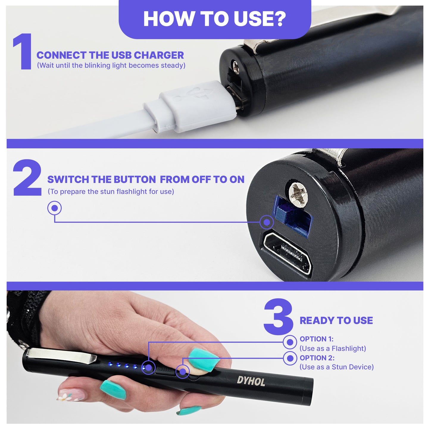 DYHOL Mini Stun Flashlight & Aluminum Safety Stick Combo – USB Rechargeable Stun Device with Battery Indicator, Compact Emergency Glass Breaker & Everyday Personal Safety Accessory