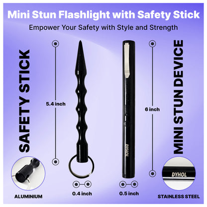 DYHOL Mini Stun Flashlight & Aluminum Safety Stick Combo – USB Rechargeable Stun Device with Battery Indicator, Compact Emergency Glass Breaker & Everyday Personal Safety Accessory
