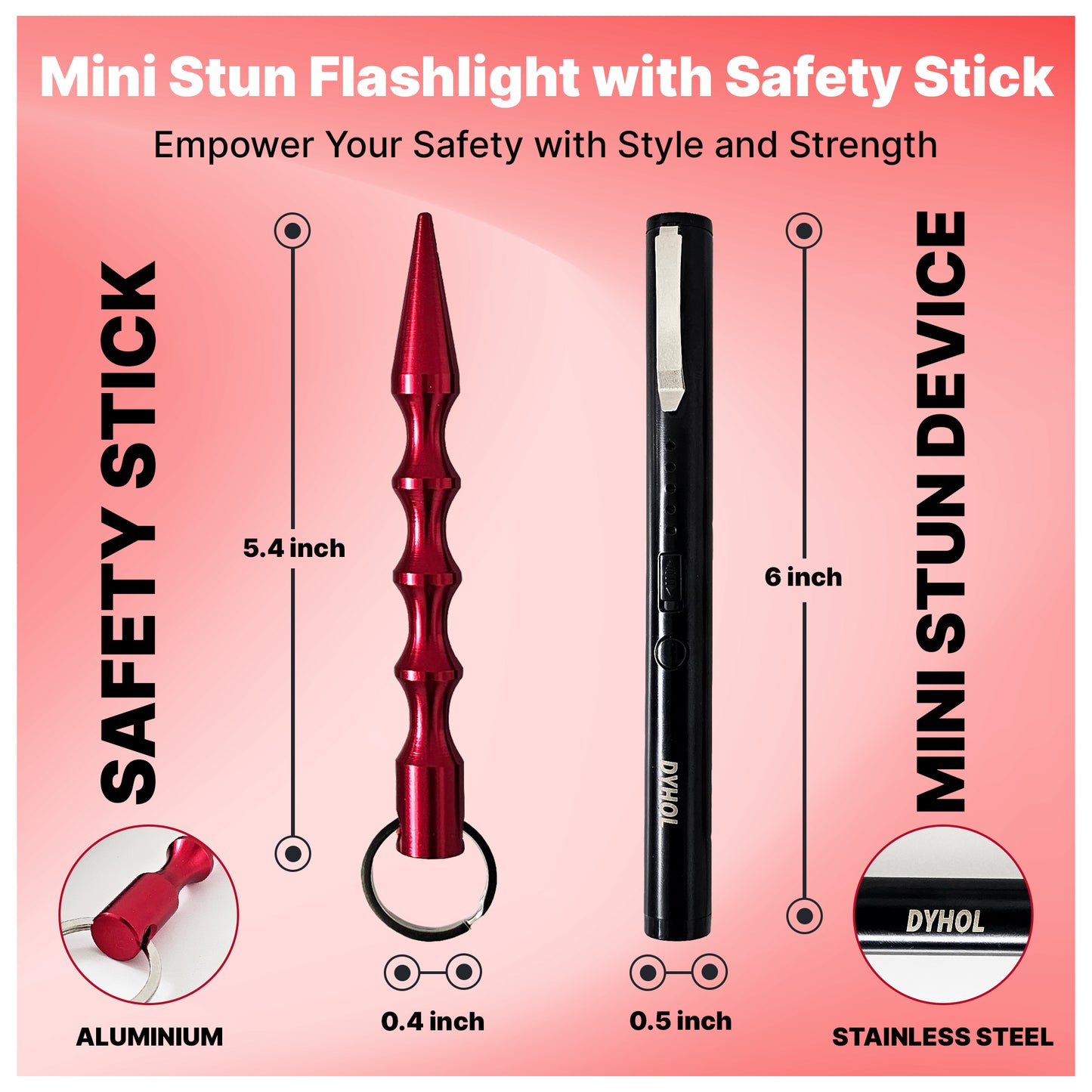 DYHOL Mini Stun Flashlight & Aluminum Safety Stick Combo – USB Rechargeable Stun Device with Battery Indicator, Compact Emergency Glass Breaker & Everyday Personal Safety Accessory