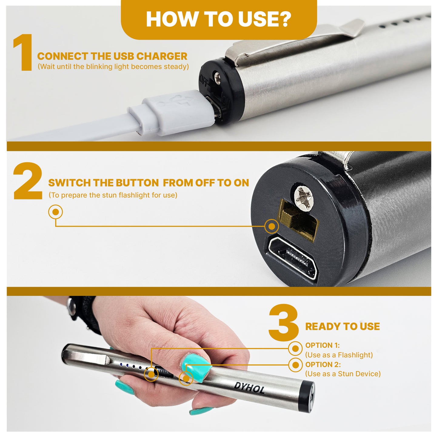 DYHOL Mini Stun Flashlight & Aluminum Safety Stick Combo – USB Rechargeable Stun Device with Battery Indicator, Compact Emergency Glass Breaker & Everyday Personal Safety Accessory