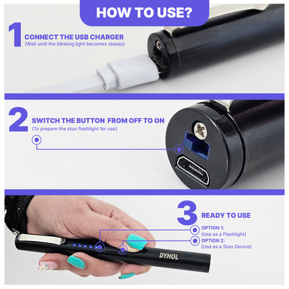 DYHOL Mini Stun Flashlight & Aluminum Safety Stick Combo – USB Rechargeable Stun Device with Battery Indicator, Compact Emergency Glass Breaker & Everyday Personal Safety Accessory