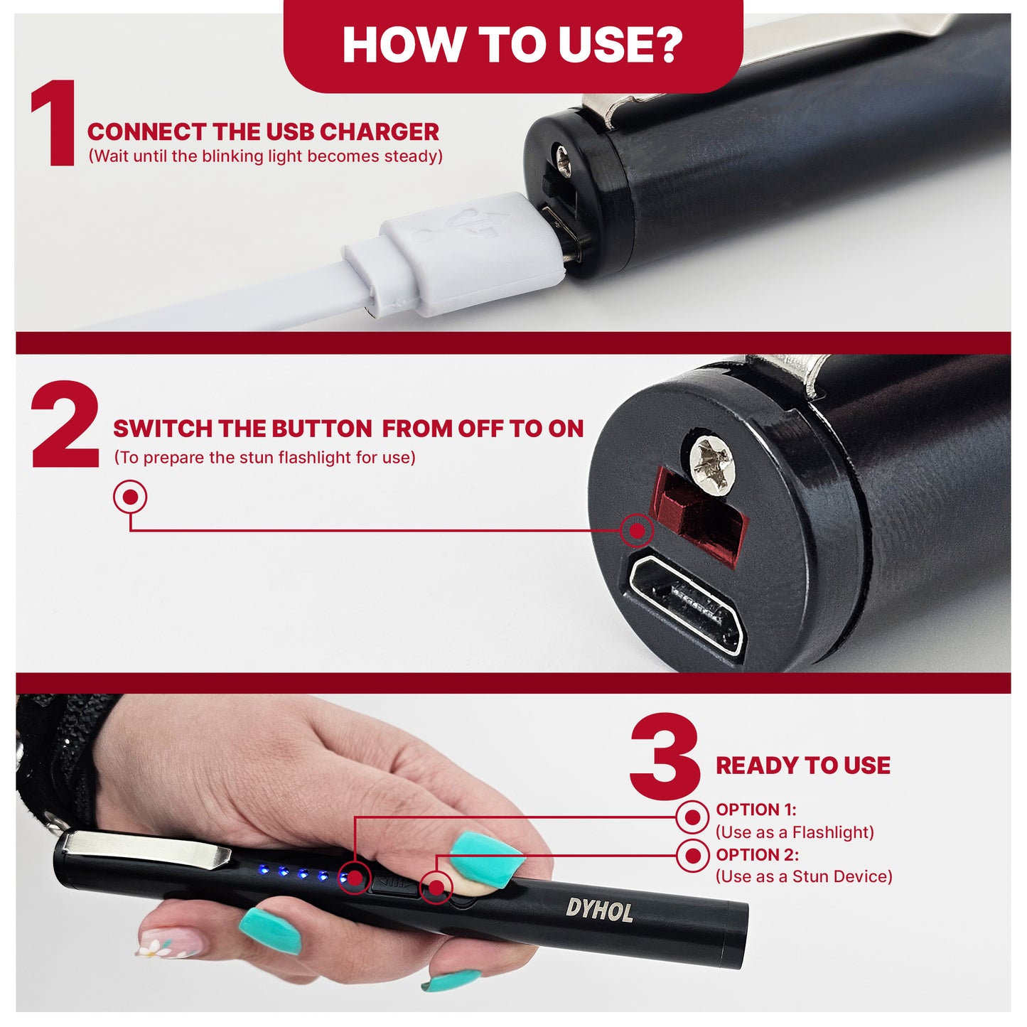 DYHOL Mini Stun Flashlight & Aluminum Safety Stick Combo – USB Rechargeable Stun Device with Battery Indicator, Compact Emergency Glass Breaker & Everyday Personal Safety Accessory