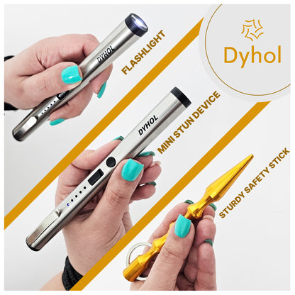 DYHOL Mini Stun Flashlight & Aluminum Safety Stick Combo – USB Rechargeable Stun Device with Battery Indicator, Compact Emergency Glass Breaker & Everyday Personal Safety Accessory